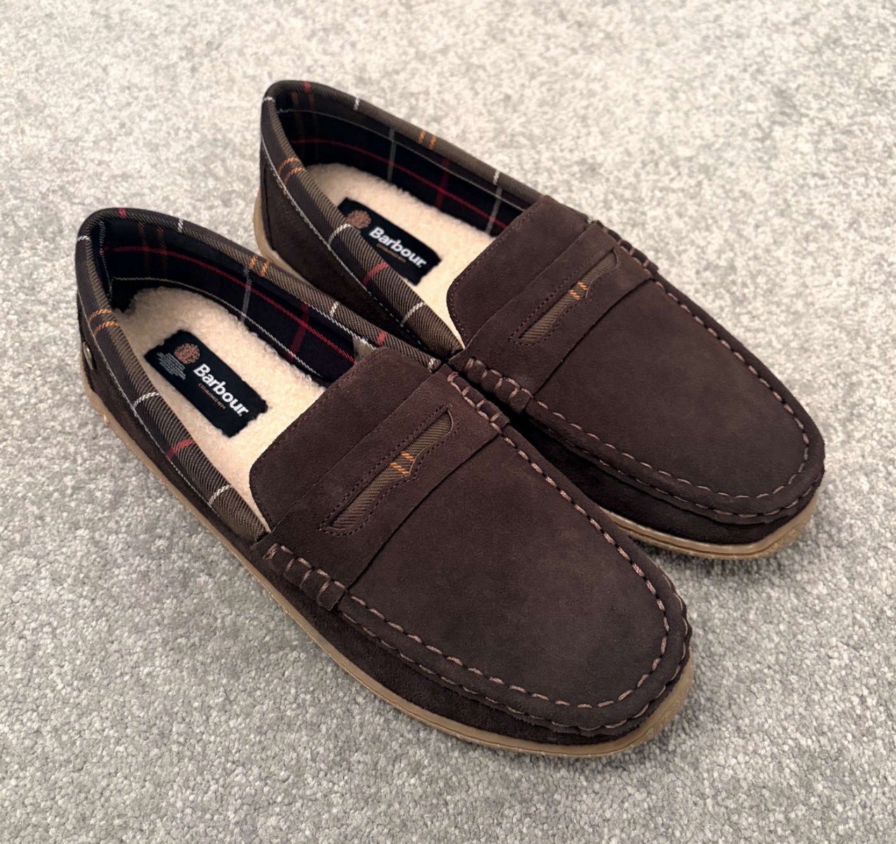 Barbour Dark Brown Suede Mens Albert Tartan Slippers