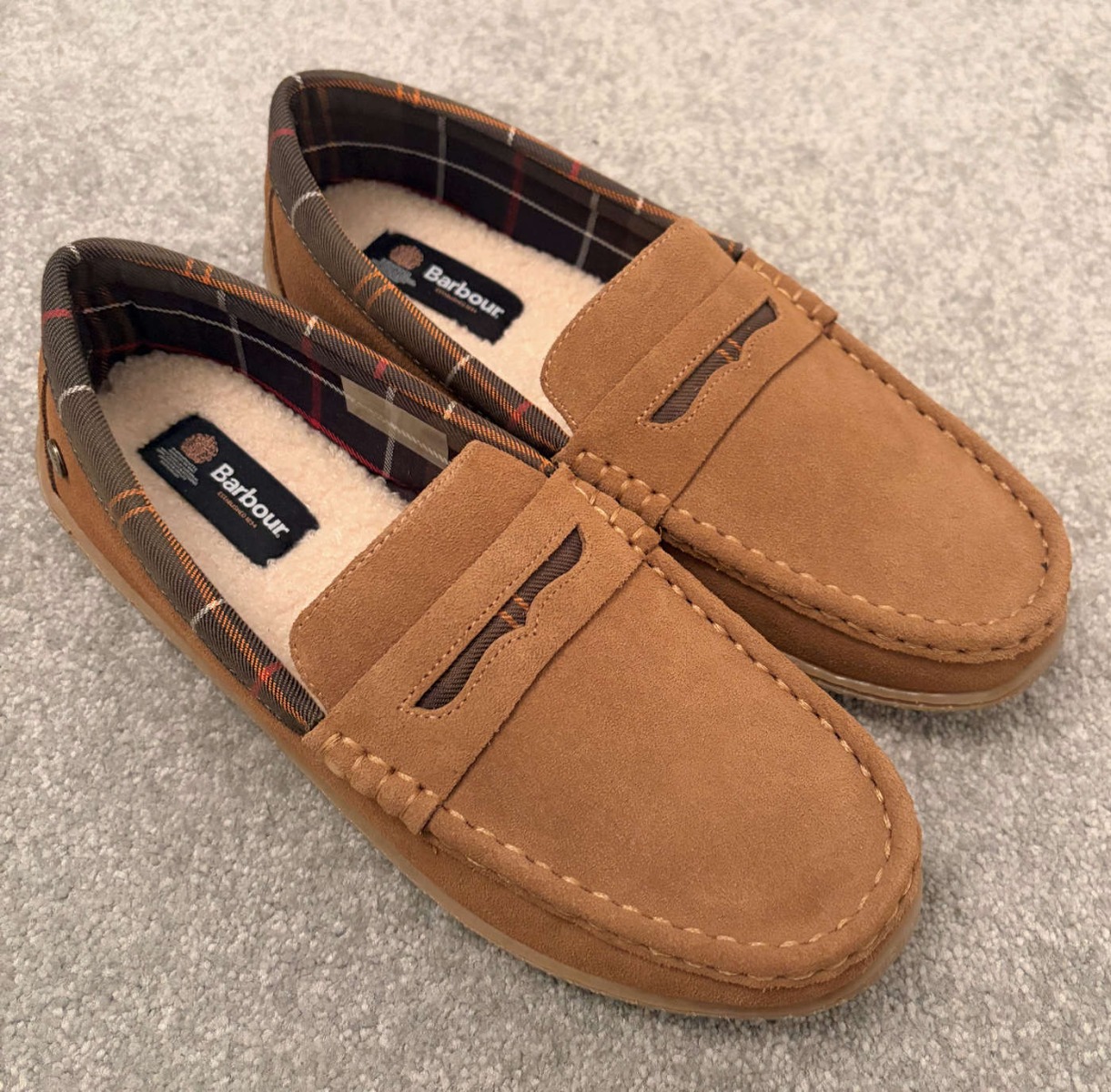 Barbour Light Brown Suede Mens Albert Tartan Slippers