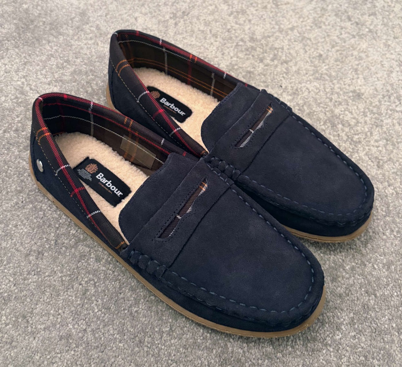 Barbour Navy Blue Suede Mens Albert Tartan Slippers