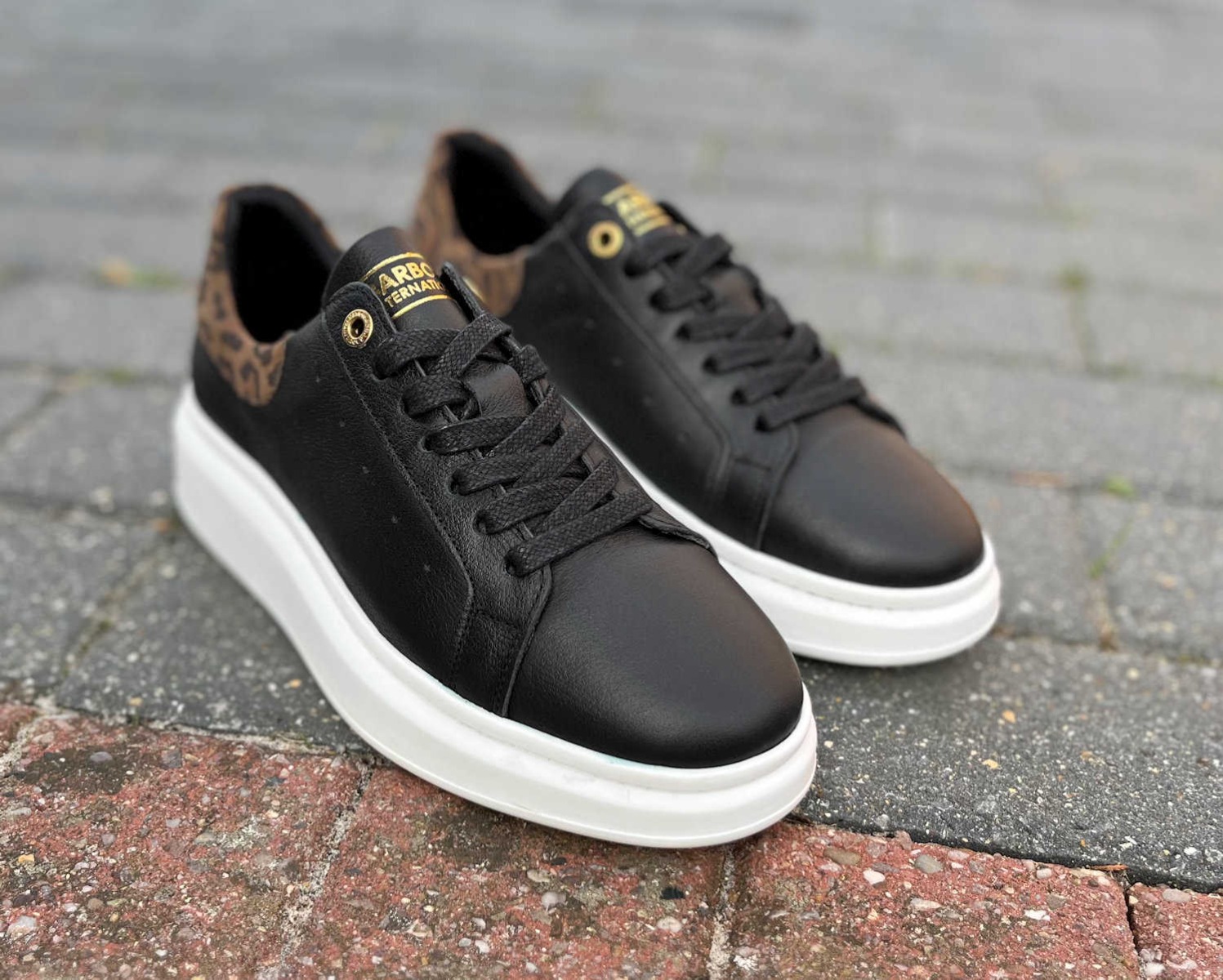 Barbour International Black Leather Leopard Cupsole Trainers