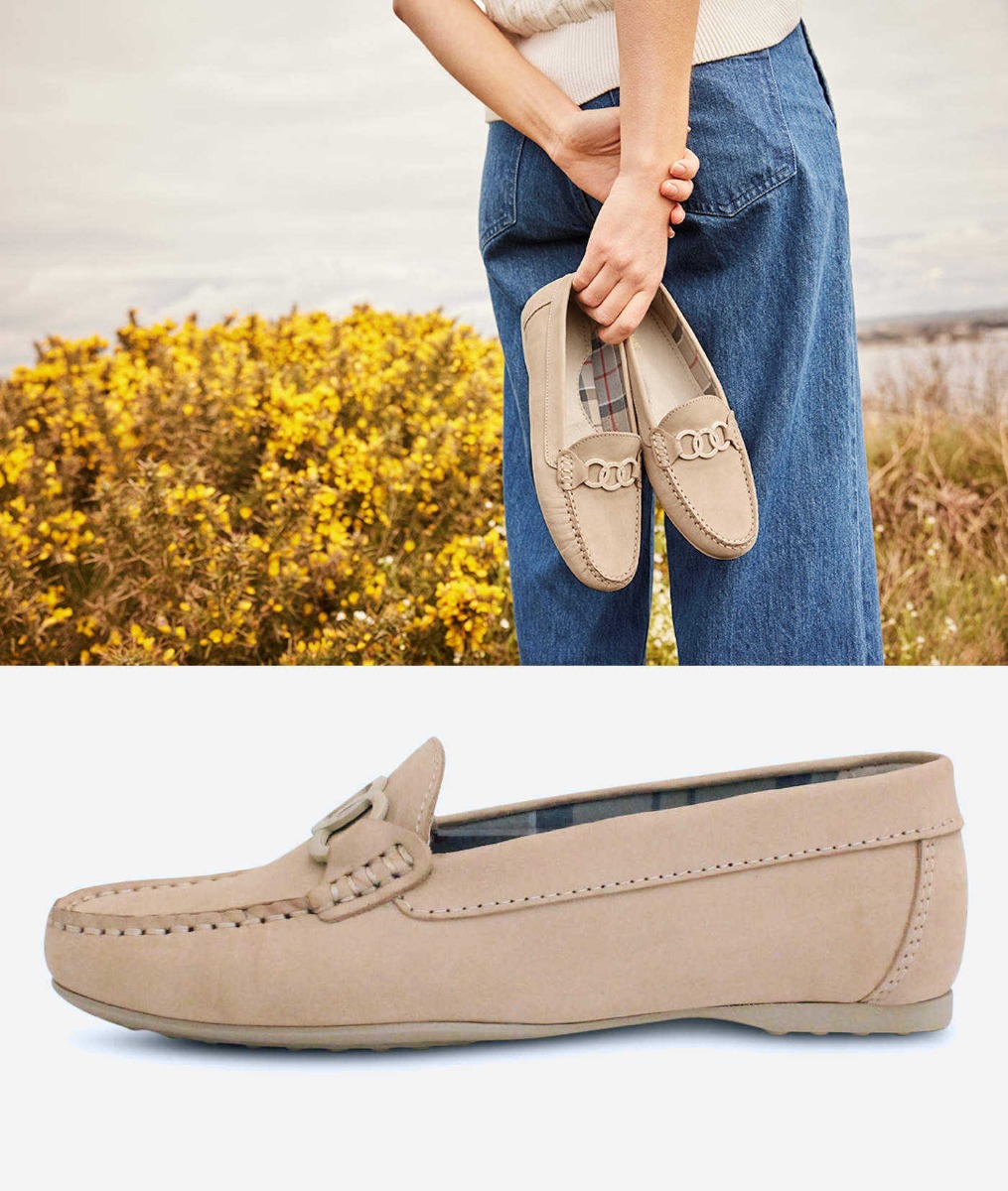 Barbour Stitched Ladies Designer Moccasin in Beige Nubuck