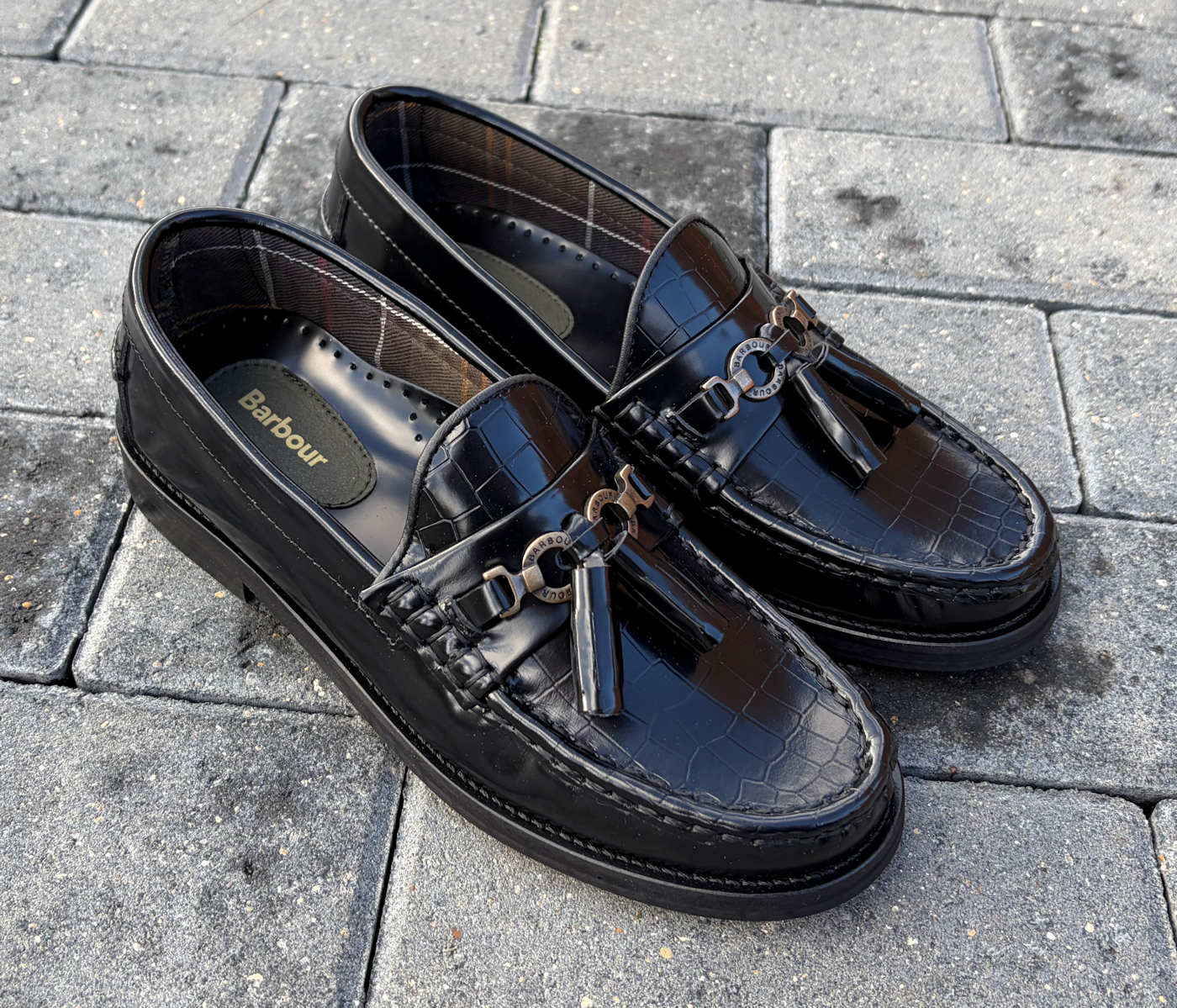 Barbour Black Polished Womens Crocodile Tassel Loafers