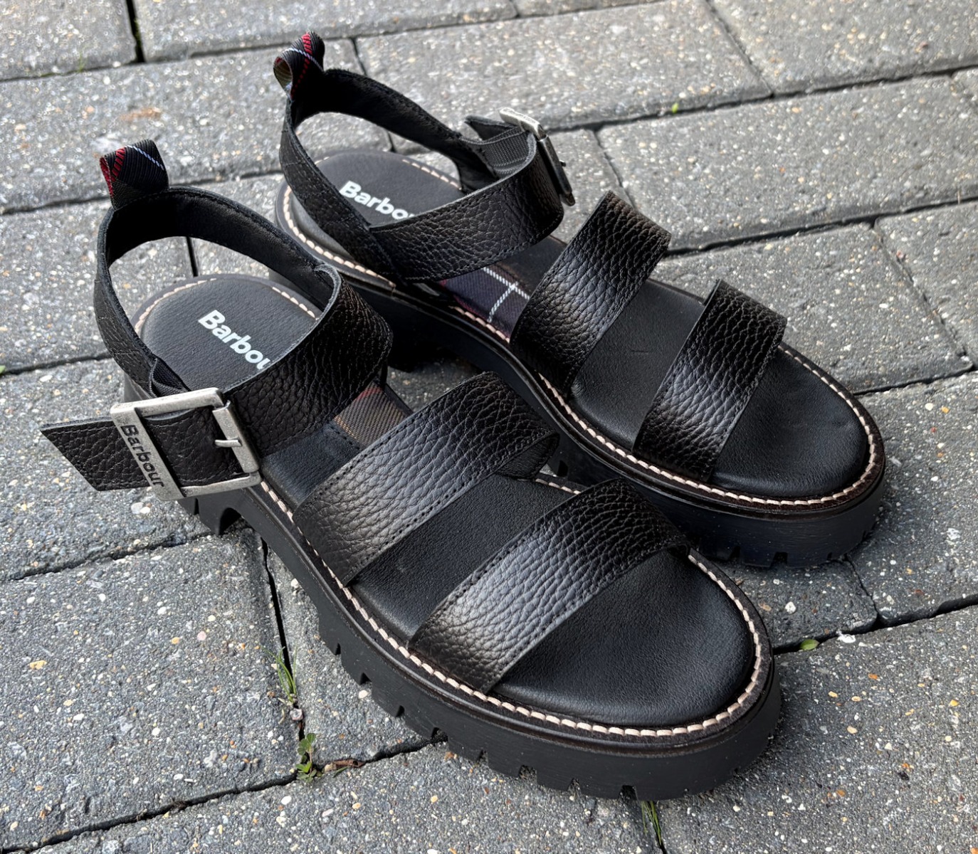 Barbour Black Leather Strappy Sandal with Chunky Rubber Sole