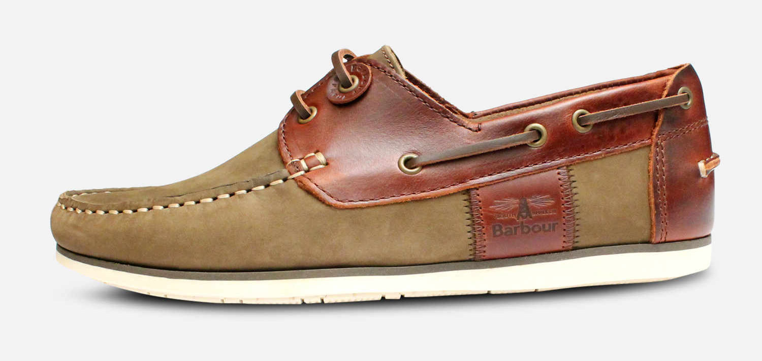 Barbour Capstan Boat Shoes in Olive & Mahogany Brown