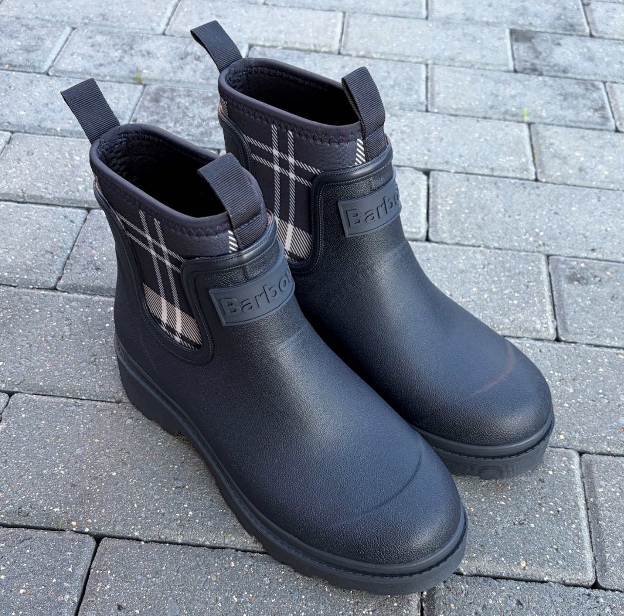 Barbour Dark Navy Tartan Neoprene Designer Chelsea Welly