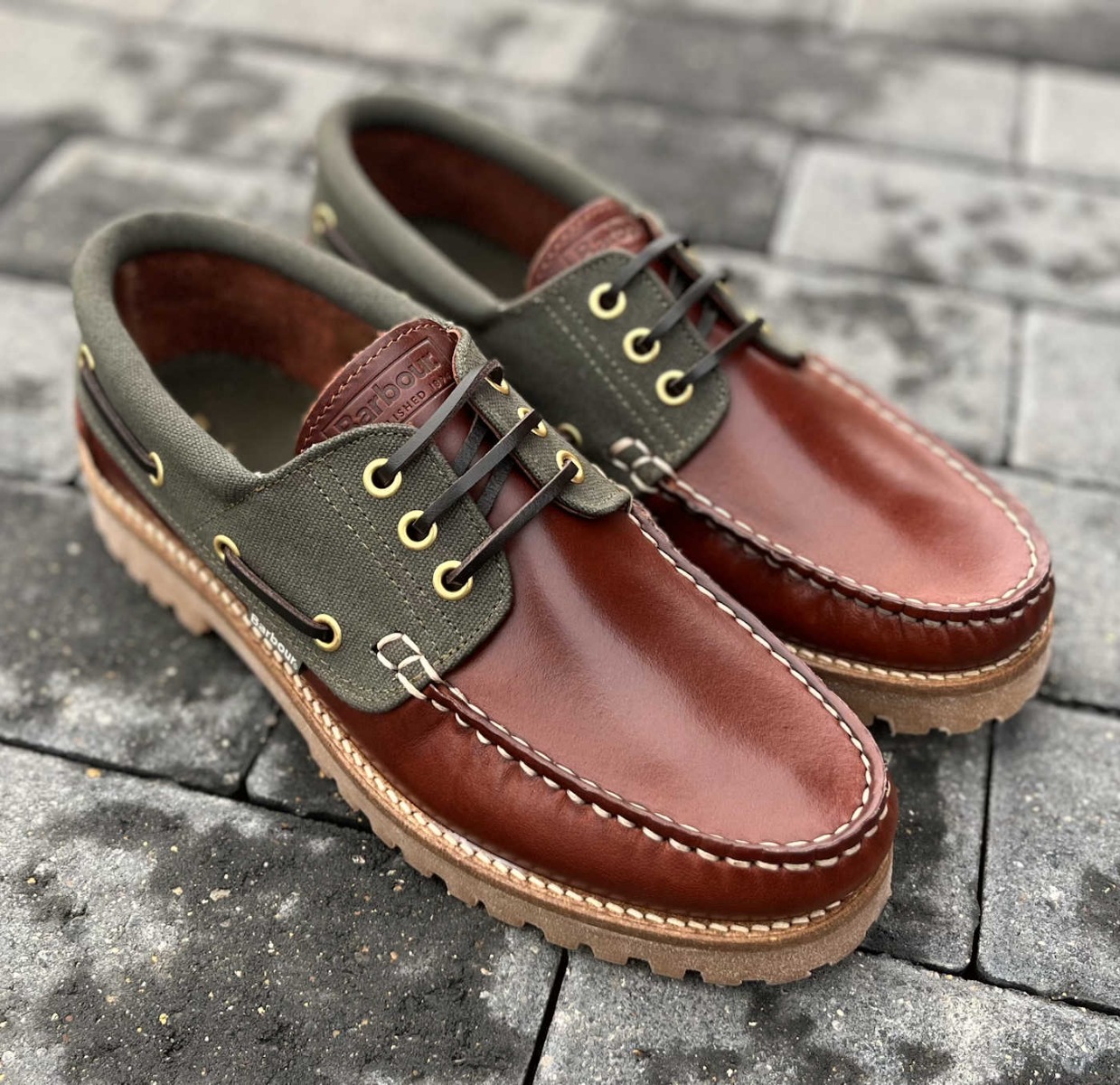 Barbour Waxy Brown and Olive Deck Shoes with Rubber Sole