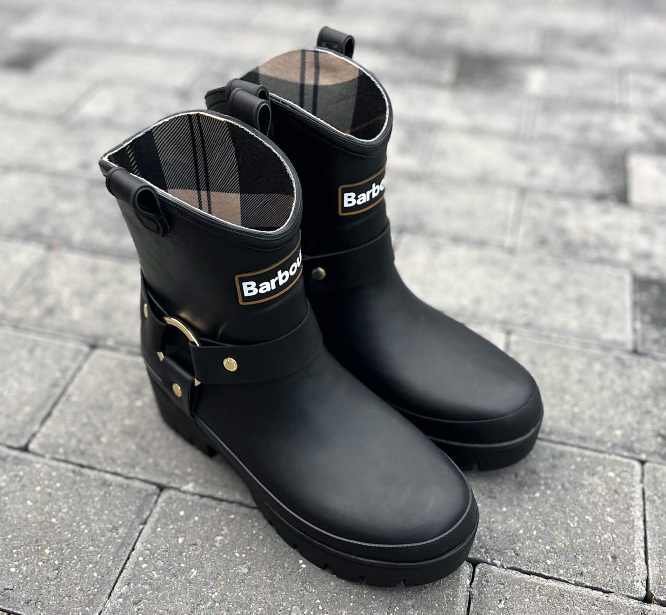 Barbour Gold Harness Black Rubber Platform Welly Boots