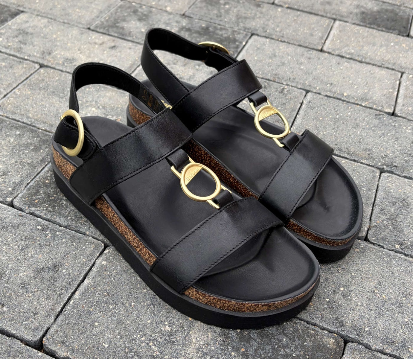 Barbour Black T Bar Designer Ladies Sandals with Gold Buckle