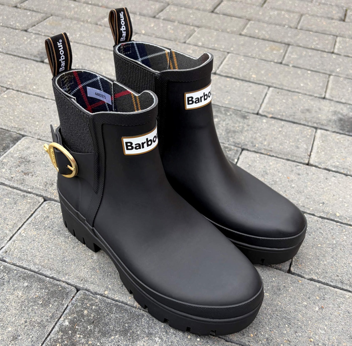 Barbour Black Platform Chelsea Boot Welly with Gold Buckle