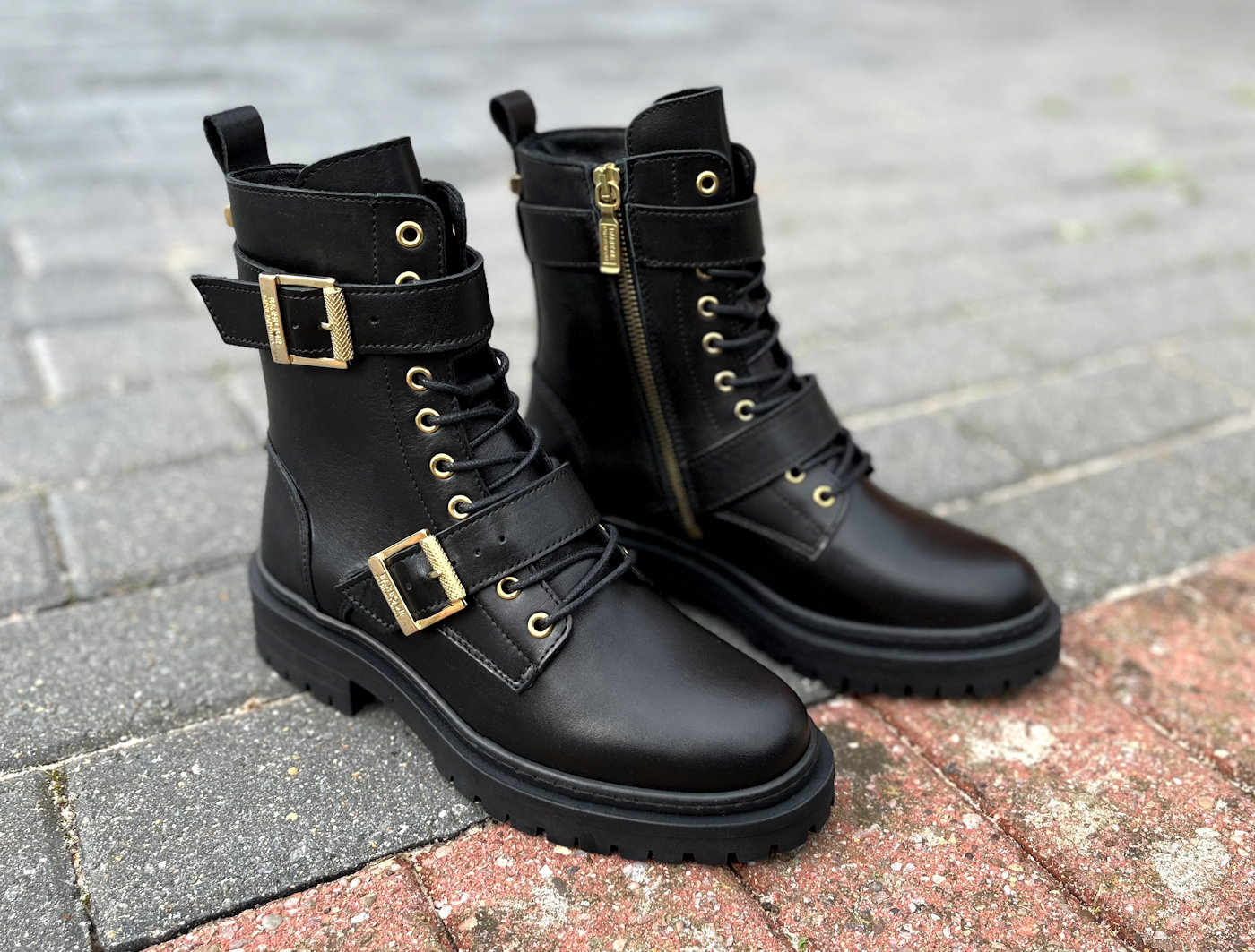 Barbour International Premium Gold Buckle Boots in Black