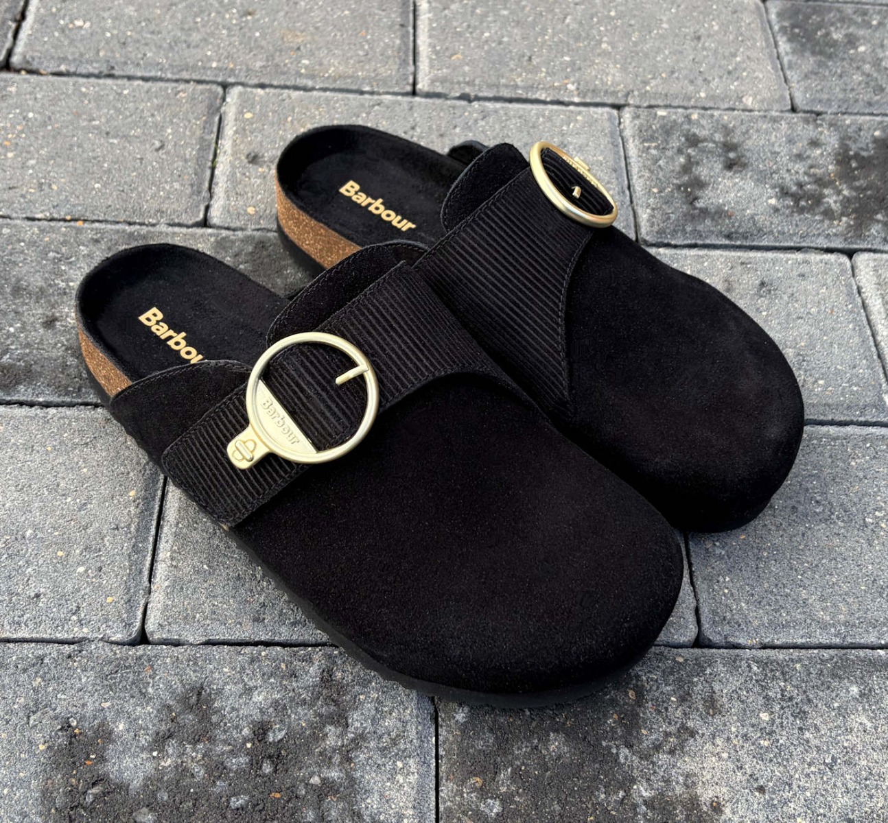 Barbour Black Suede Slip On Mule Sandal with Gold Buckle