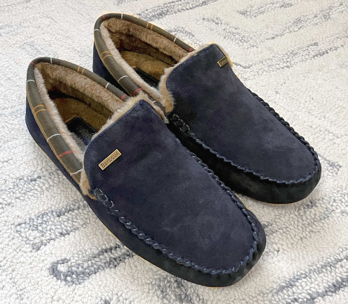Navy Blue Suede Luxury Barbour Fur Lined Mens Slippers