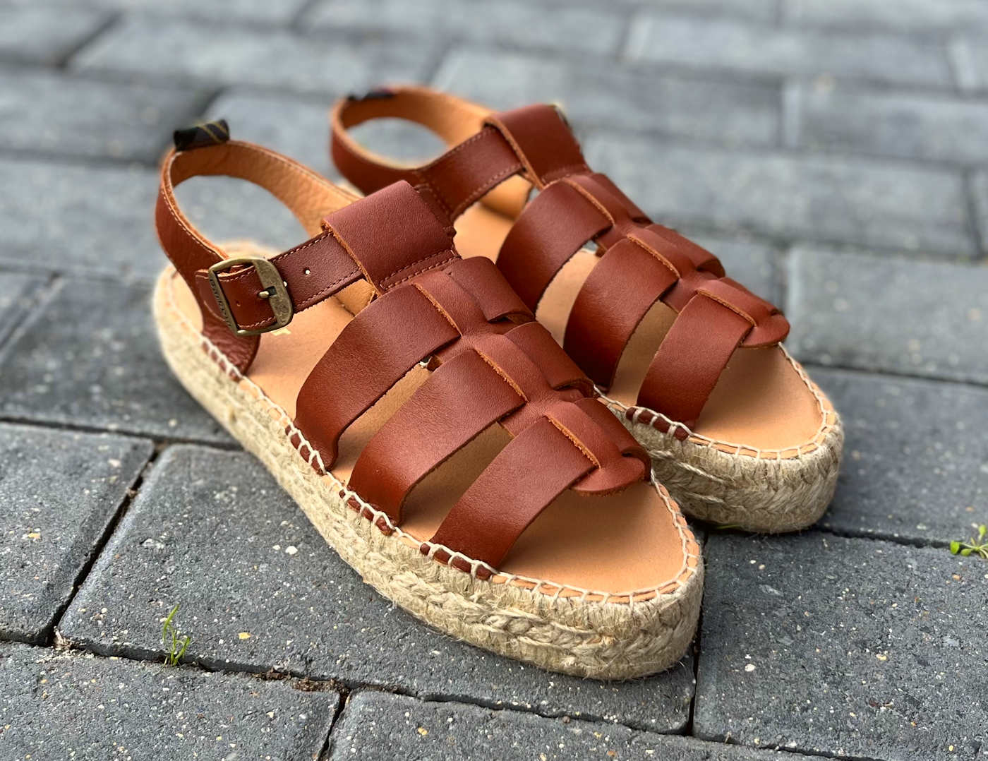 Barbour Flatform Hessian Gladiator Sandals in Tan Leather