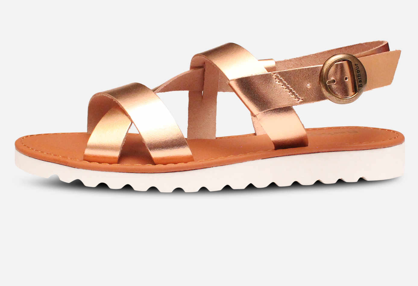 Barbour Sandside Flat Strap Sandals in Rose Metallic Gold