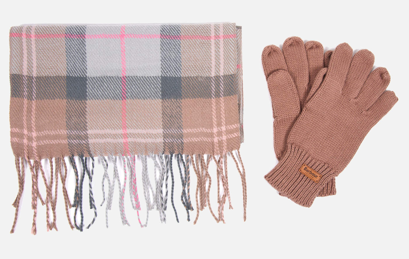 Barbour Scarf & Glove Gift Set in Taupe Tartan Knit