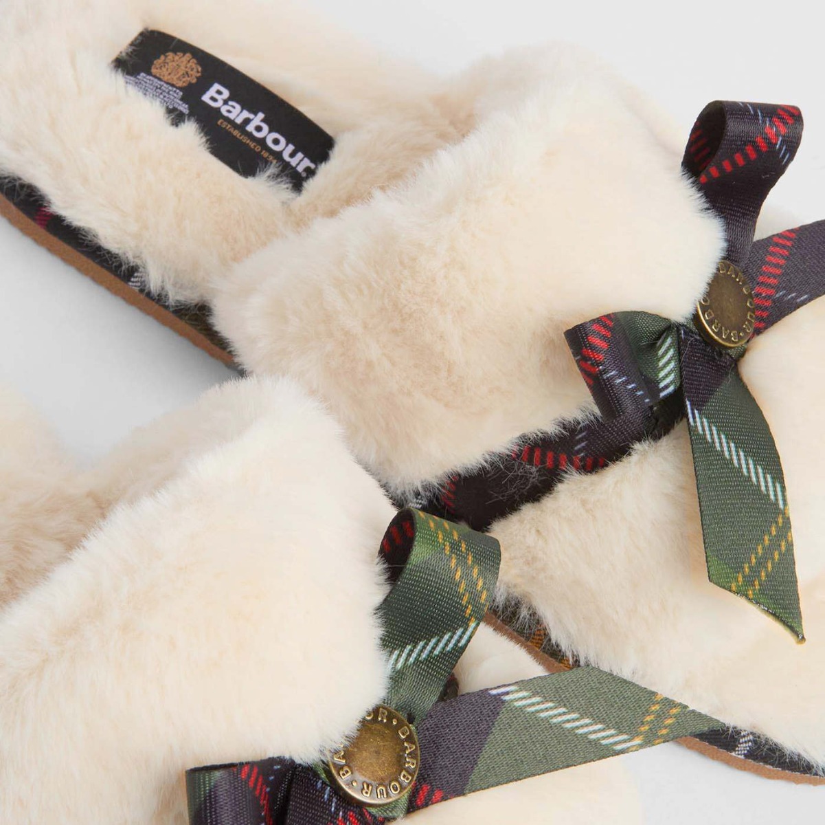 Barbour White Warm Fur Lined Slider Slippers in Green Tartan
