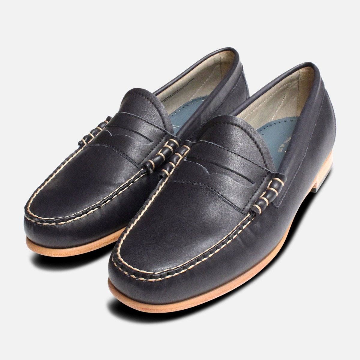 Navy Blue Bass Weejun Mens Loafers Leather Sole display picture 2
