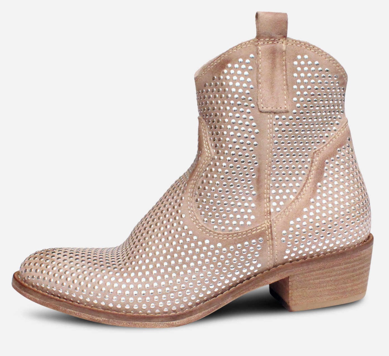 Italian Beige Suede Silver Studded Cuban Heel Boots