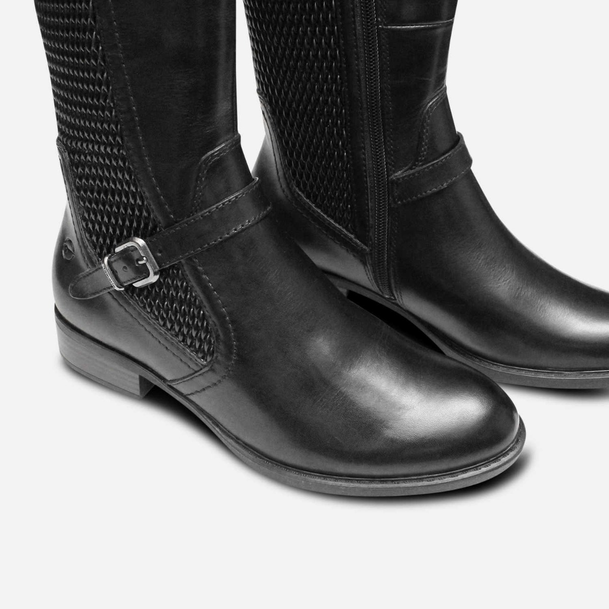 Designer Round Toe Tamaris Black Leather Knee High Boot