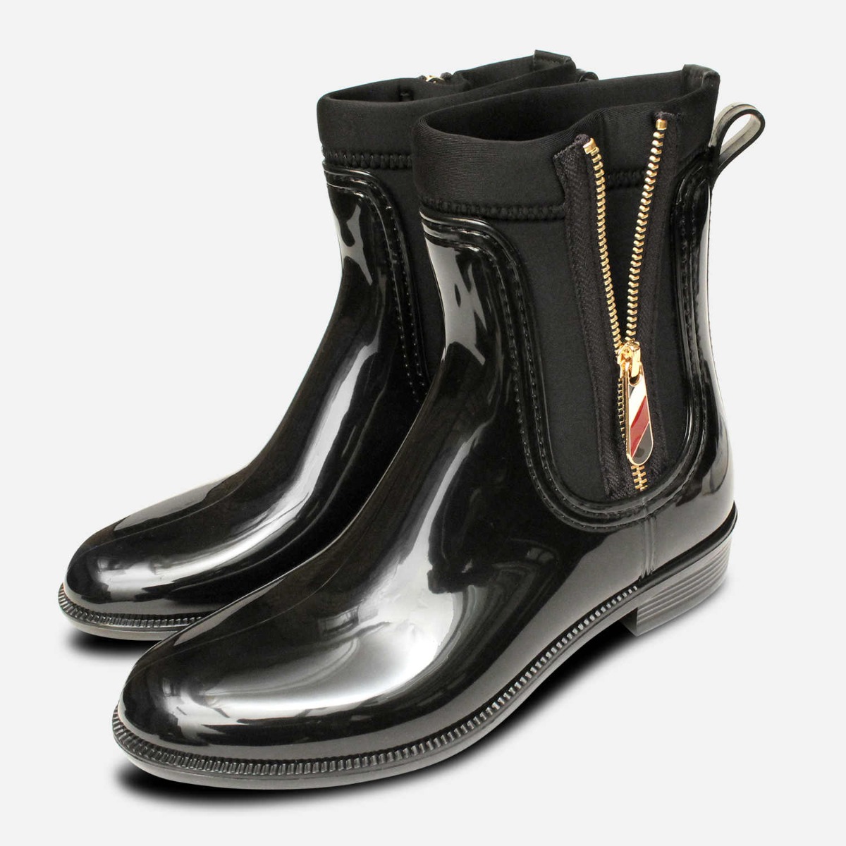 Designer Tommy Hilfiger Gold Zip Wellies in Black