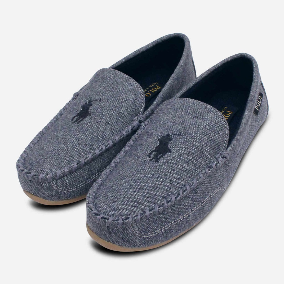 Ralph Lauren Mens Blue Chambray Slippers Navy Polo
