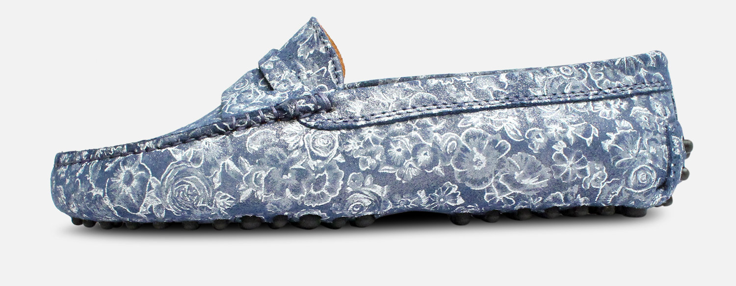 Navy Blue & Silver Flower Womens Leather Driving Shoes