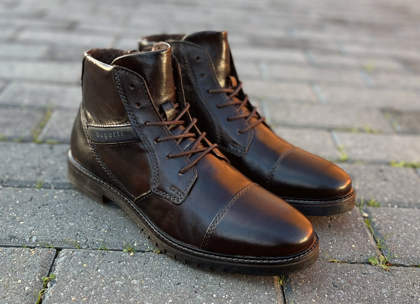 Bugatti Dark Brown Lace Up Zip Boots with Rubber Sole