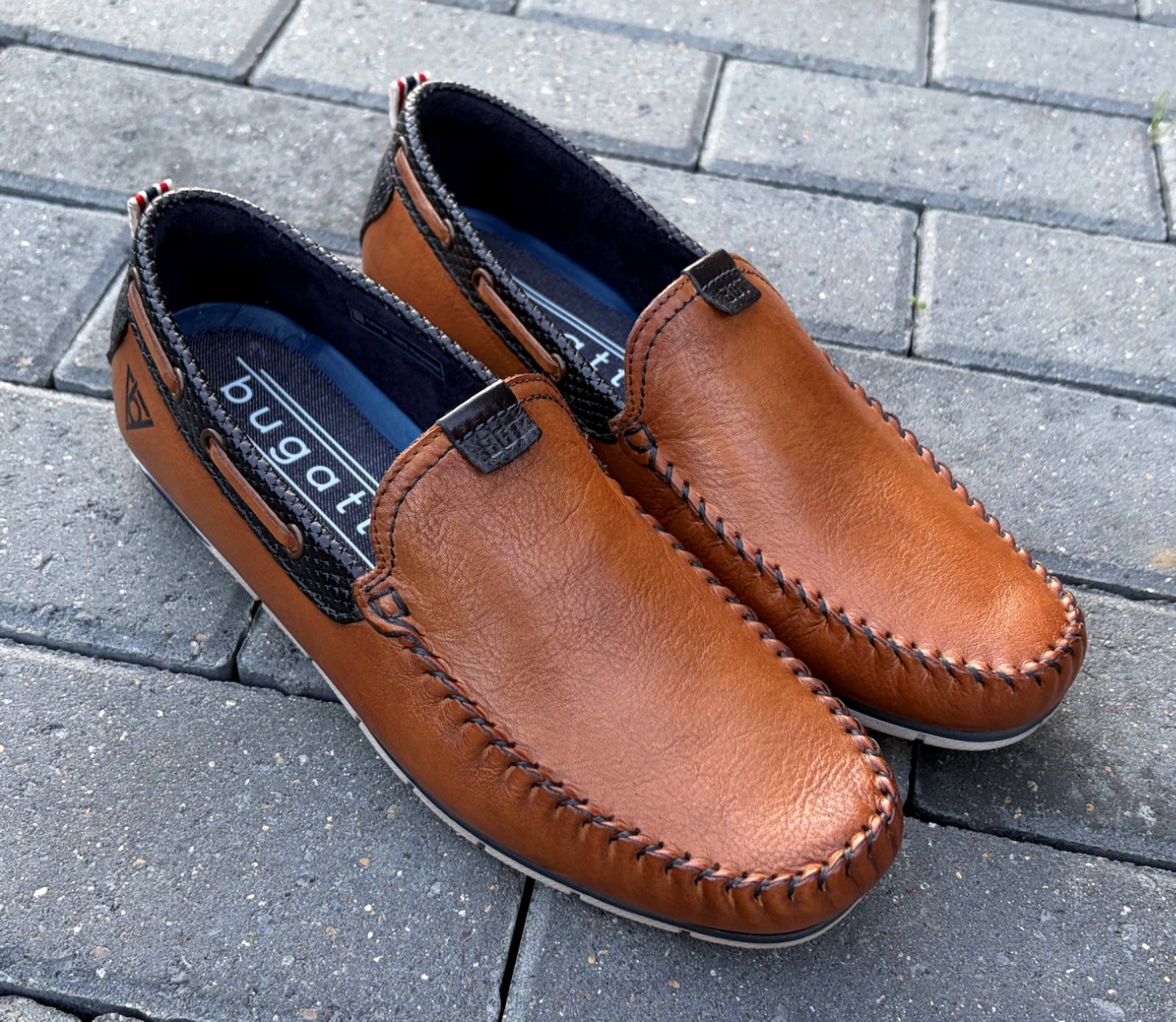 Bugatti Mens Designer Light Brown Leather Slip On Loafer Shoes