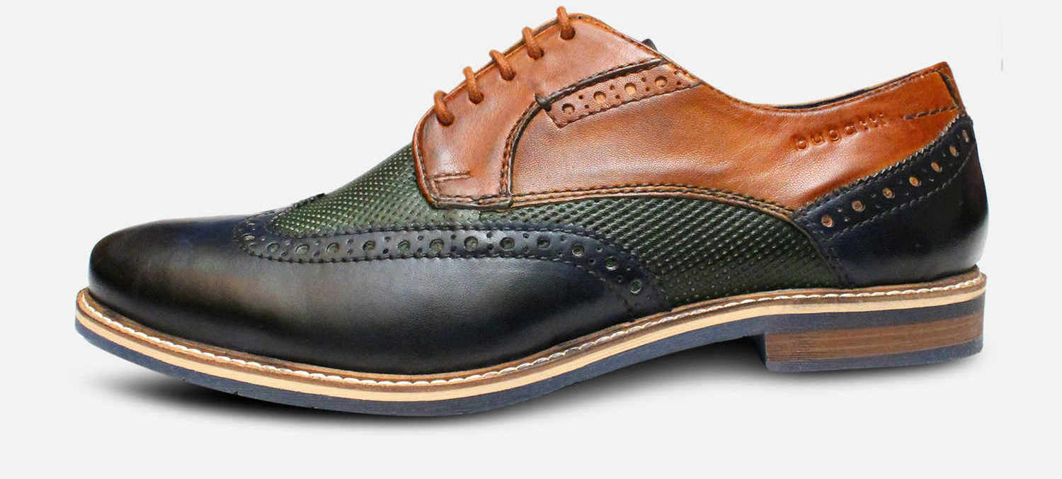 Bugatti Three Colour Tri-tone Shoes in Navy Green & Tan