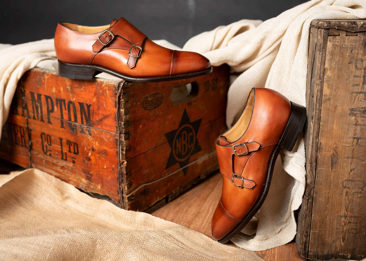 Carlos Santos Double Buckle Monk Strap in Antique Tan