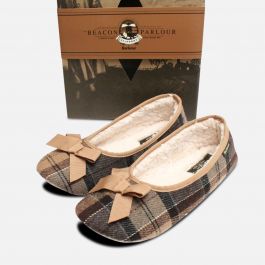 Camel Tartan Barbour Womens Fleece Lined Slippers