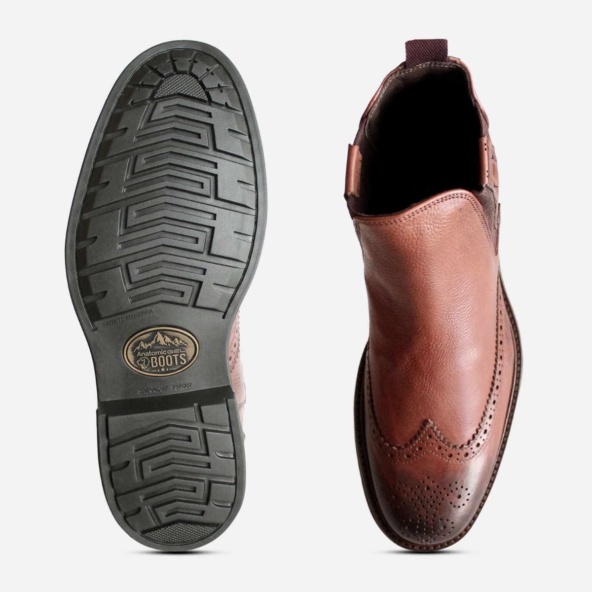 Anatomic Comfort Slip On Brogue Ankle Boot in Brown Leather