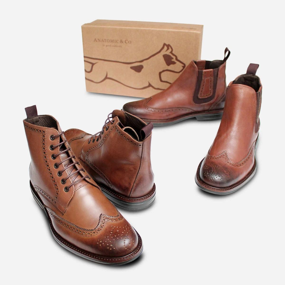 Anatomic Comfort Slip On Brogue Ankle Boot in Brown Leather