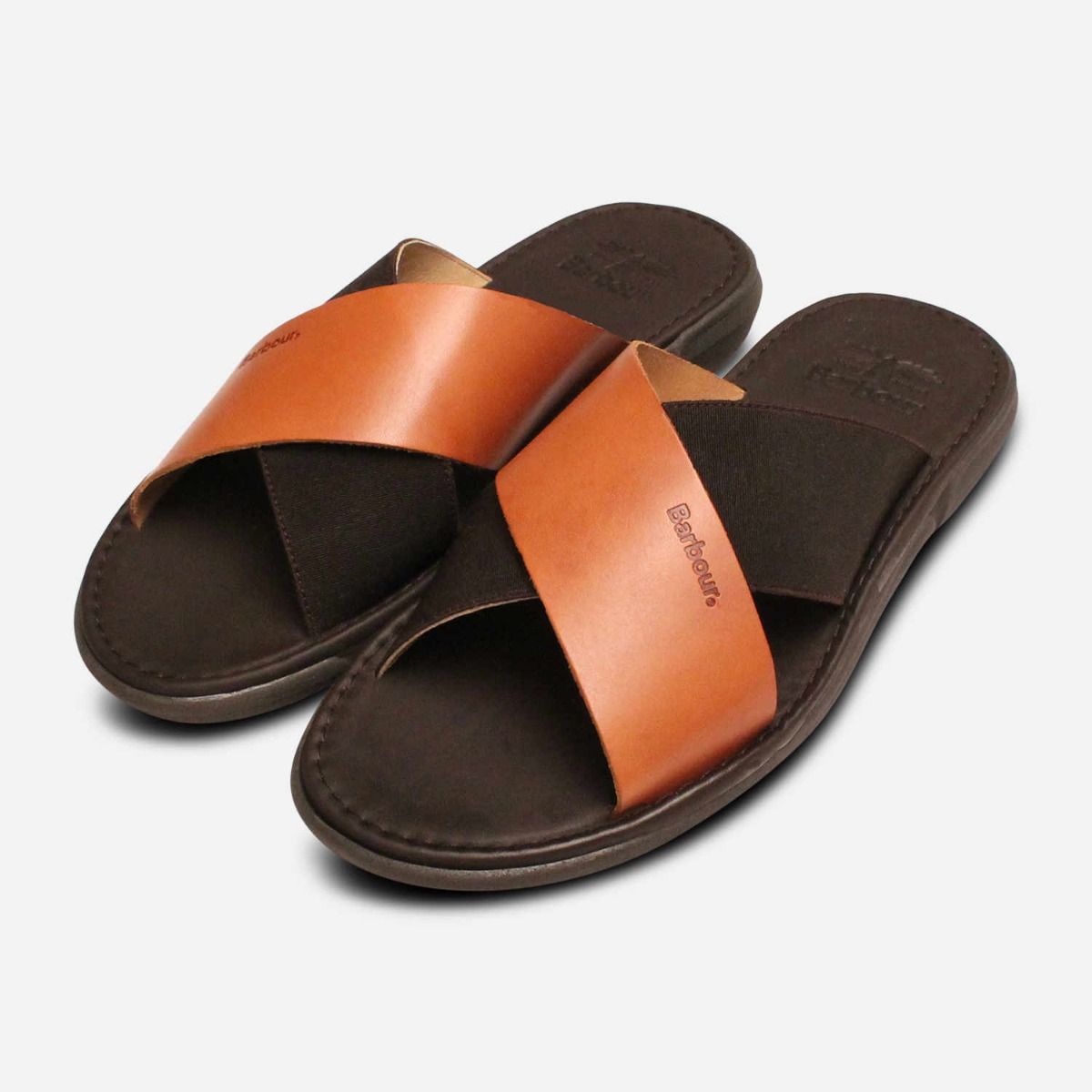 Barbour Designer Mens Crossover Sandals in Brown Leather
