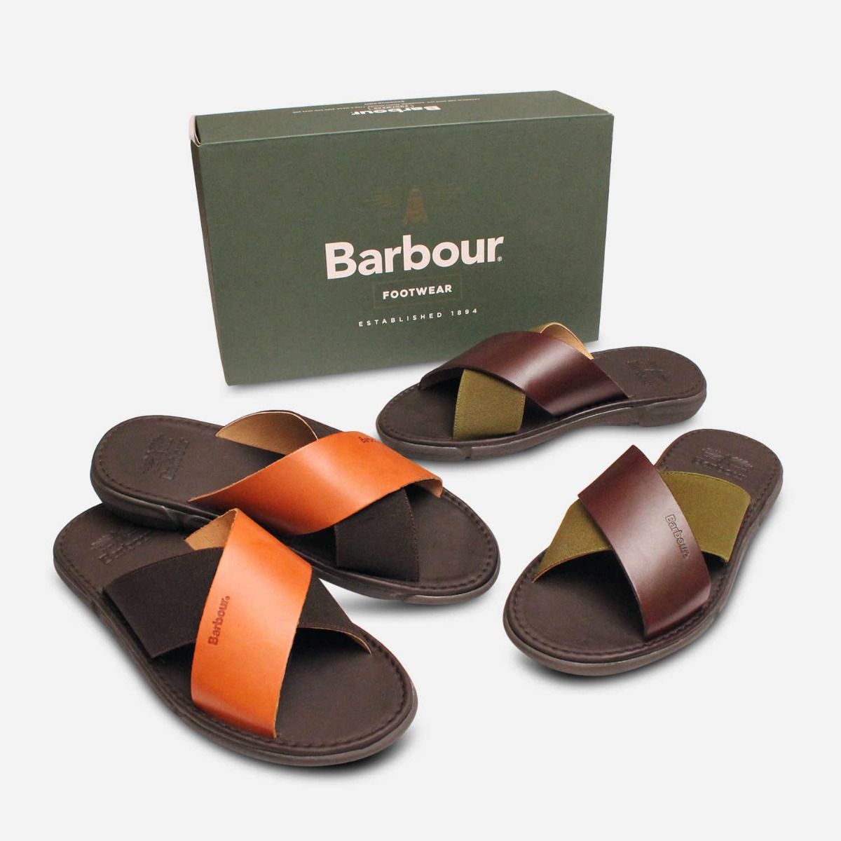 Barbour Designer Crossover Sandals in Olive Green & Brown