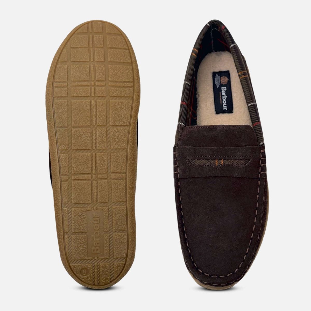 Barbour Dark Brown Suede Mens Albert Tartan Slippers