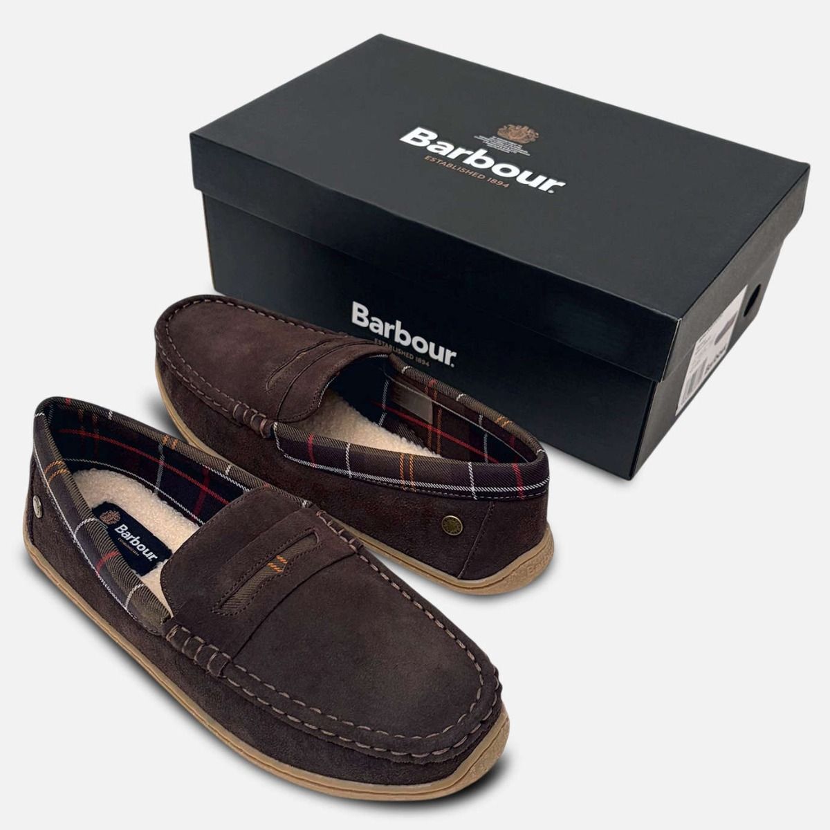 Barbour Dark Brown Suede Mens Albert Tartan Slippers
