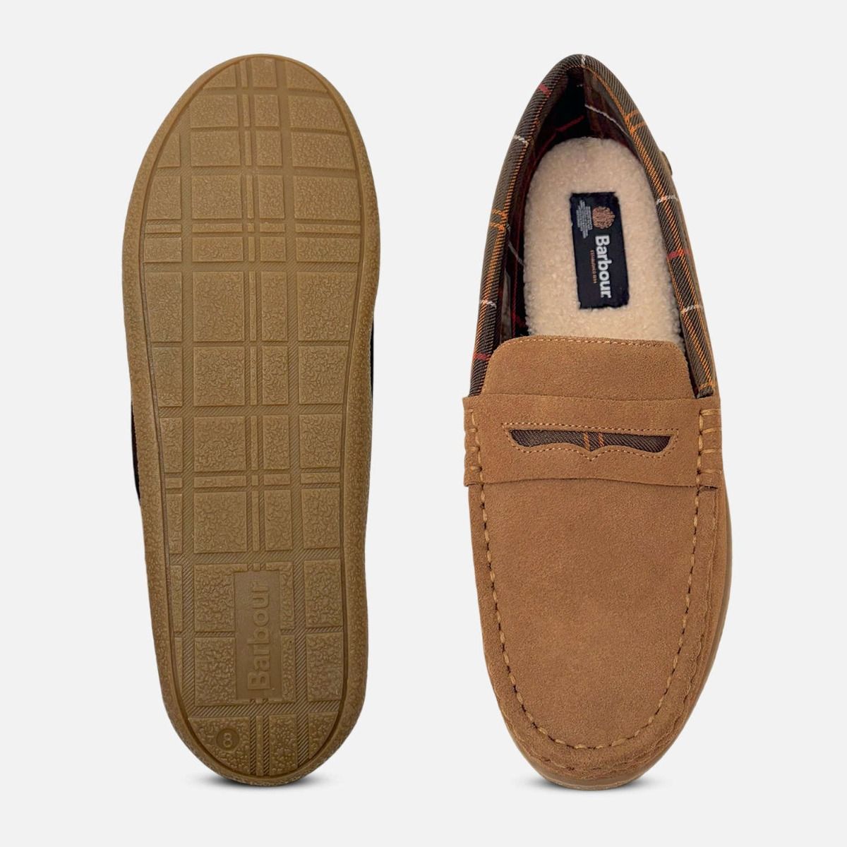 Barbour Light Brown Suede Mens Albert Tartan Slippers