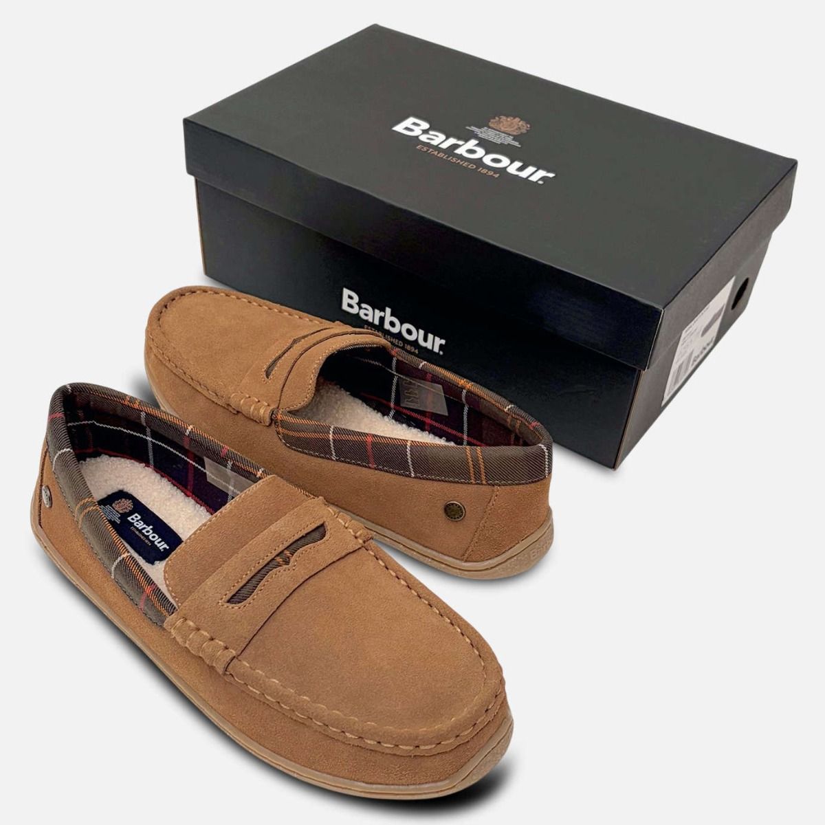 Barbour Light Brown Suede Mens Albert Tartan Slippers
