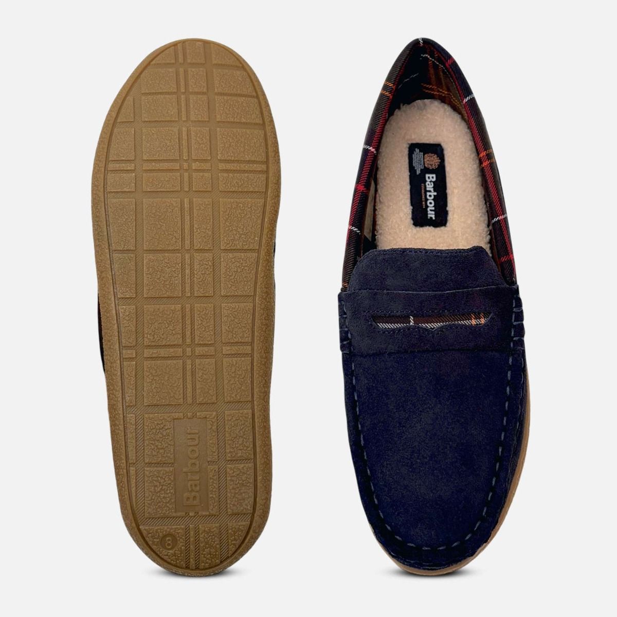 Barbour Navy Blue Suede Mens Albert Tartan Slippers