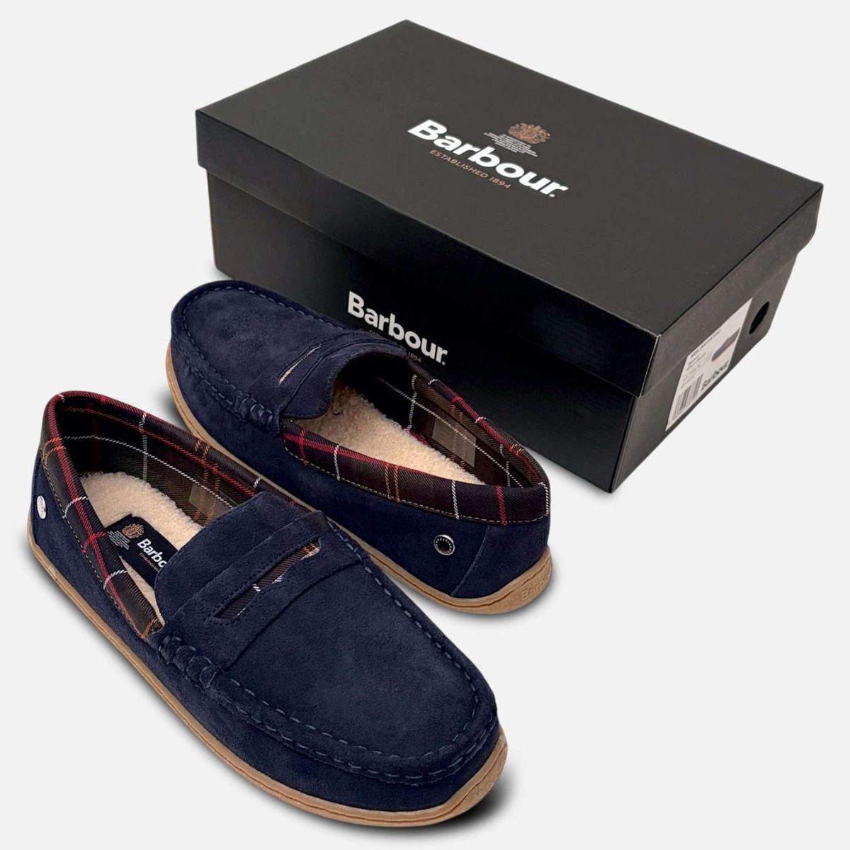 Barbour Navy Blue Suede Mens Albert Tartan Slippers
