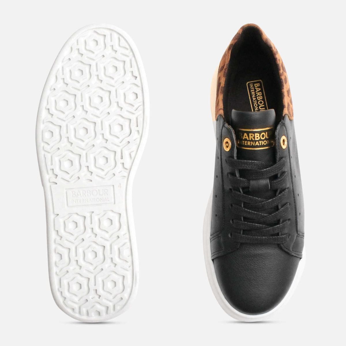 Barbour International Black Leather Leopard Cupsole Trainers