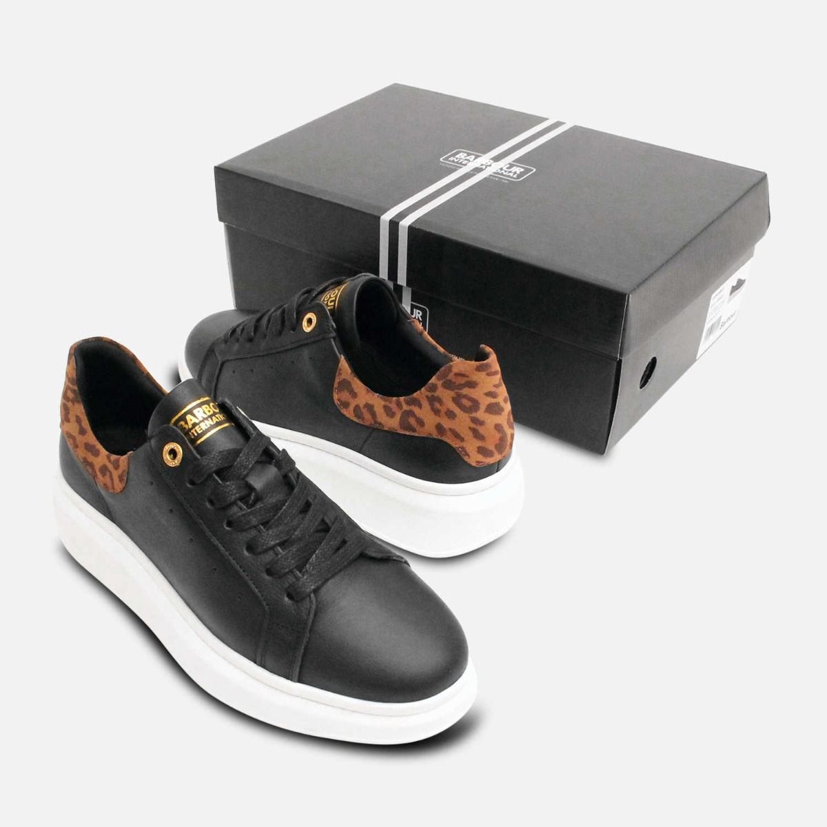 Barbour International Black Leather Leopard Cupsole Trainers