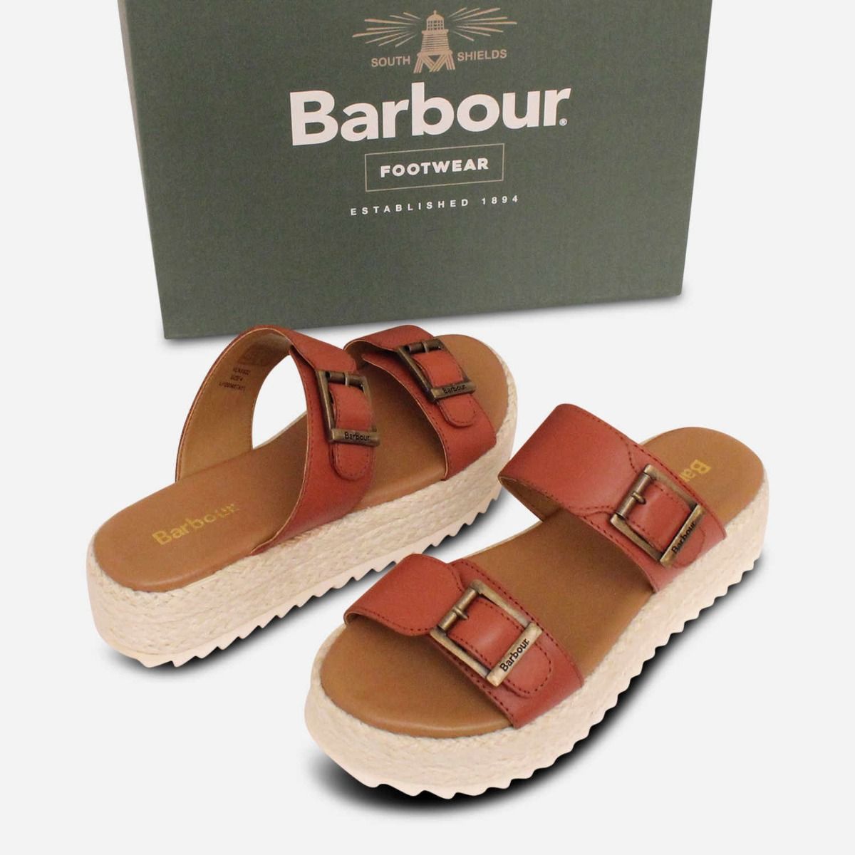 Barbour Womens Designer Platform Tan Leather Sandals