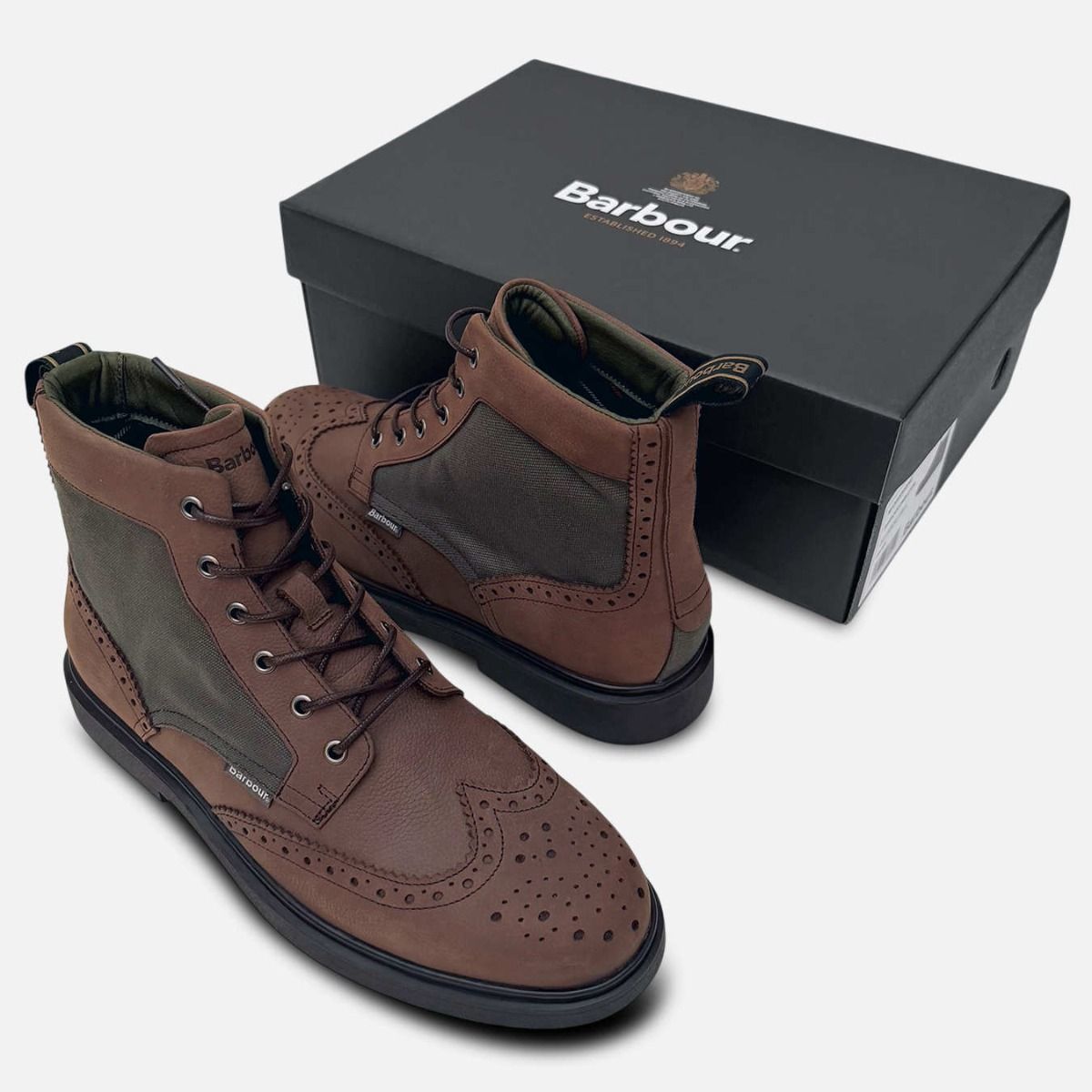 Barbour Mens Country Brogue Boots in Brown Nubuck Leather
