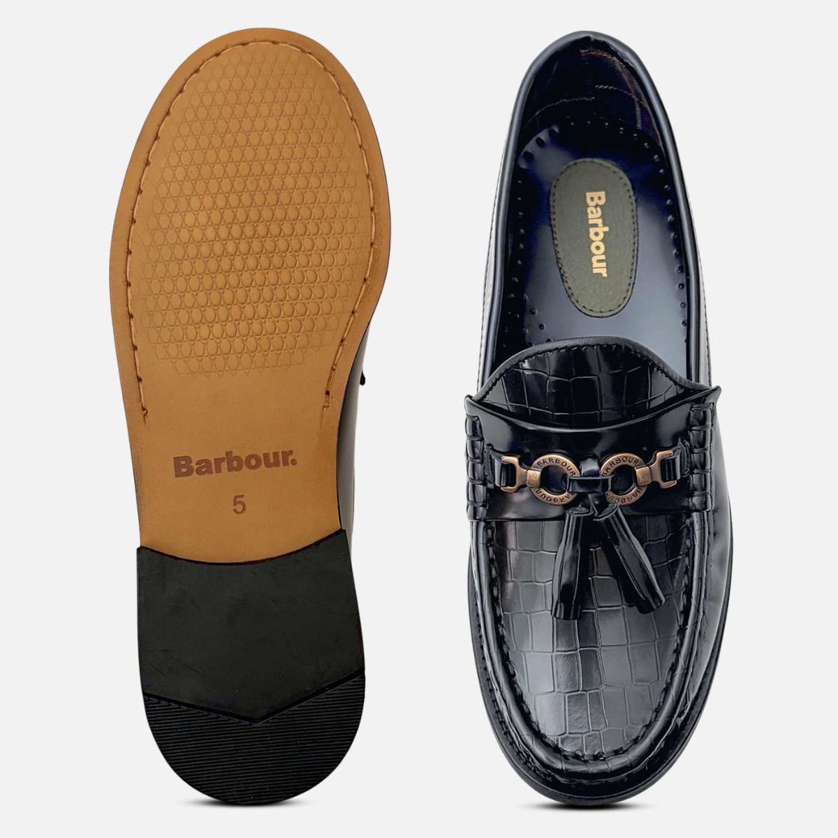 Barbour Black Polished Womens Crocodile Tassel Loafers