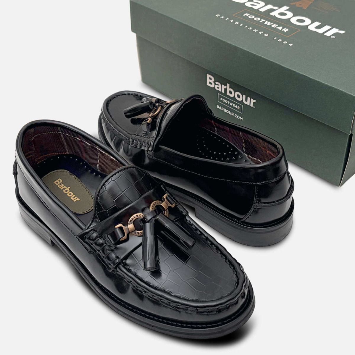 Barbour Black Polished Womens Crocodile Tassel Loafers