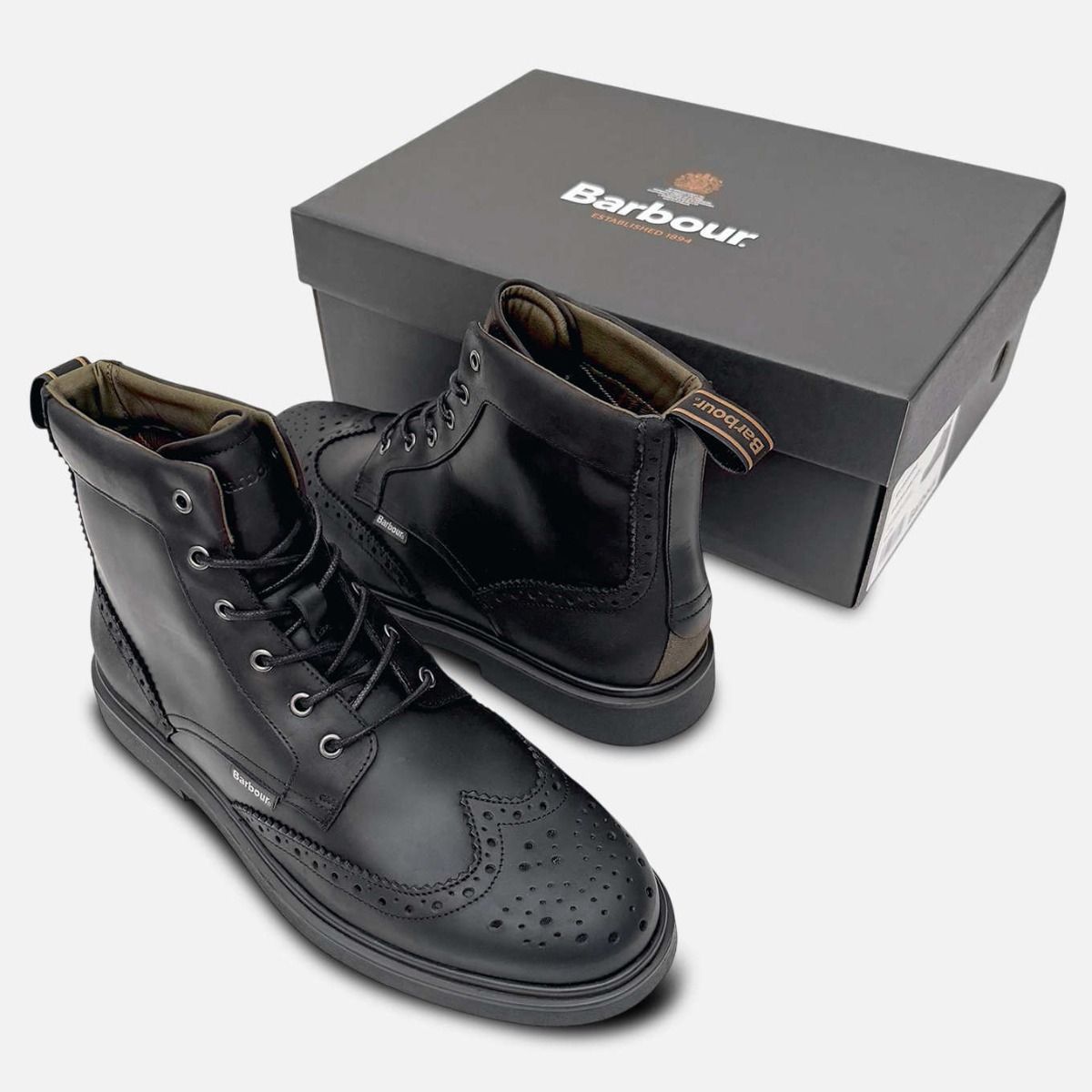 Barbour Mens Country Brogue Boots in Waxy Black Leather