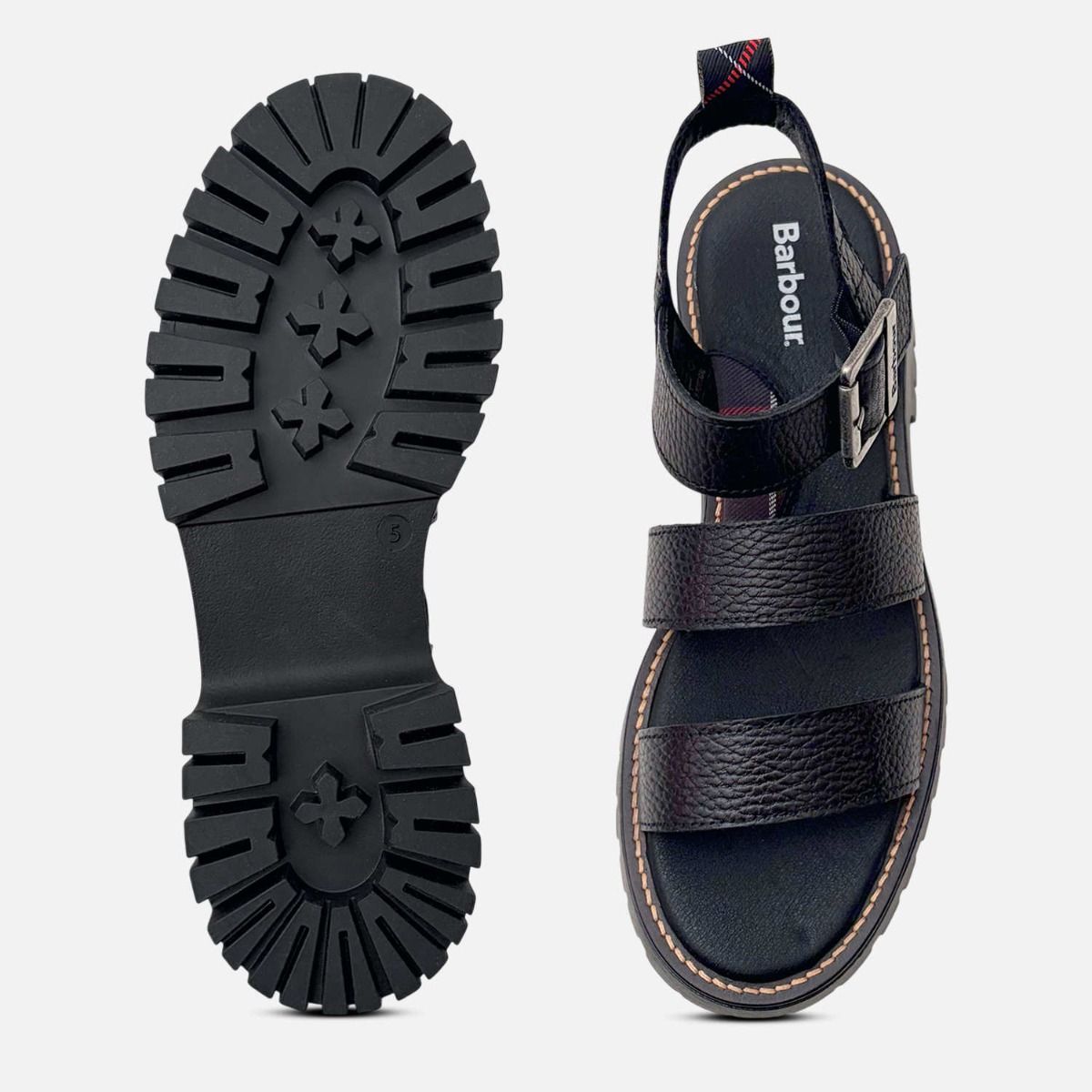 Barbour Black Leather Strappy Sandal with Chunky Rubber Sole