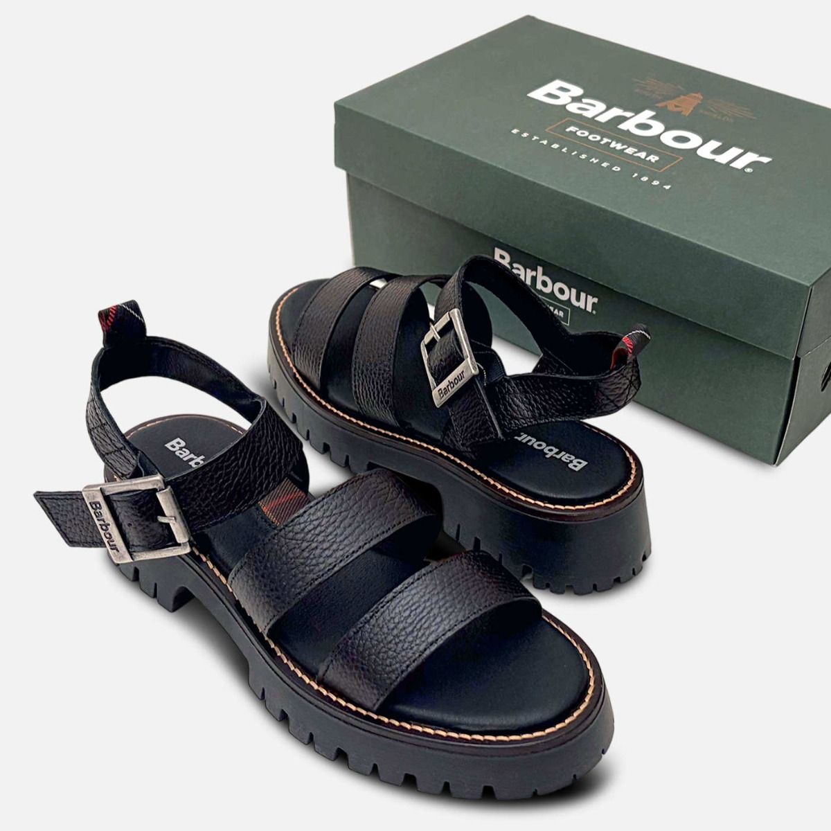 Barbour Black Leather Strappy Sandal with Chunky Rubber Sole